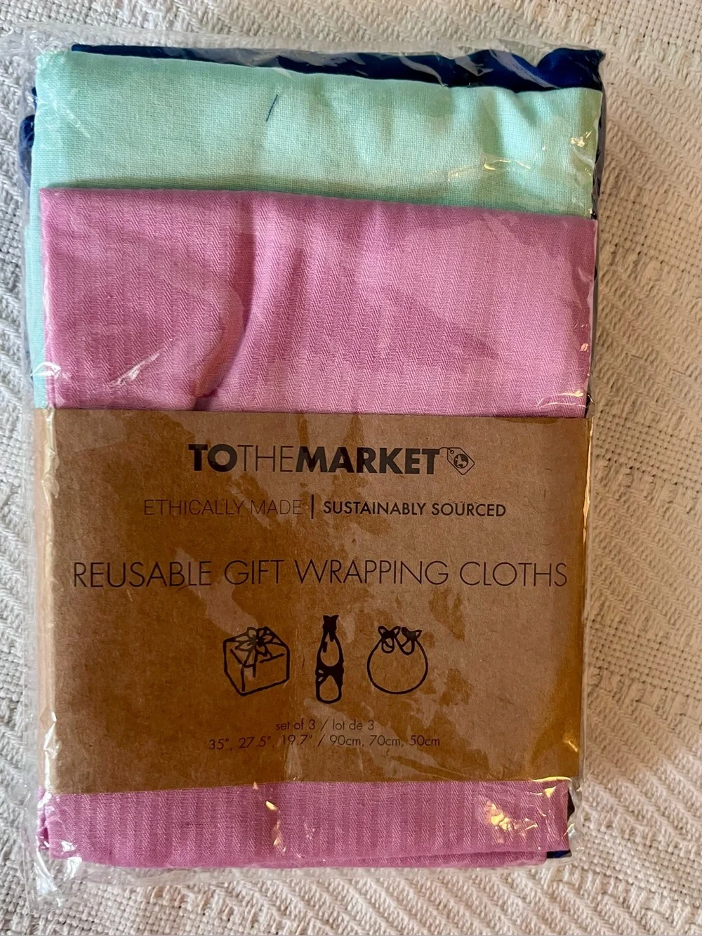 Set of 3 Fabric Gift Wraps in Solid Pink, Mint, Blue, Reusable & Ecological 🍃🍃🍃